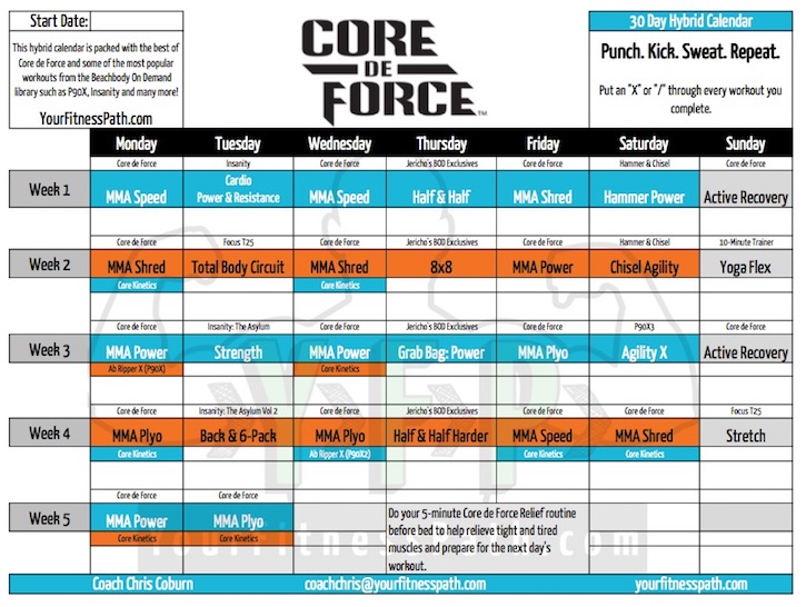 Core de Force Workout Calendar Hybrod