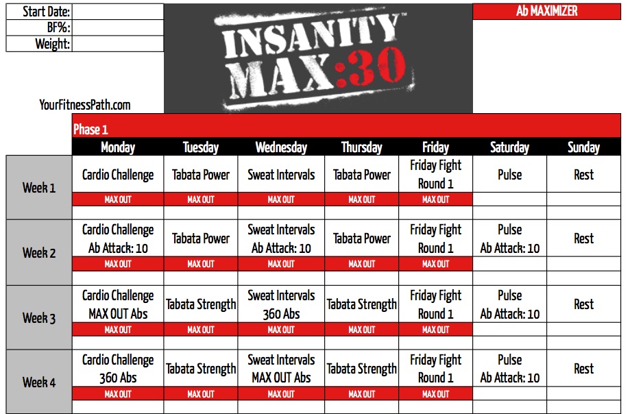 Insanity MAX:30 Calendar - Maximizator de abdomen