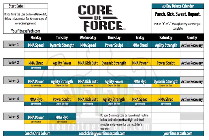 Core de Force Workout Calendar - Deluxe Workouts.