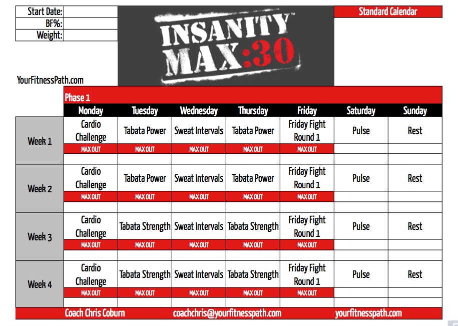 5 Day Insanity Max 30 Workout Schedule with Comfort Workout Clothes