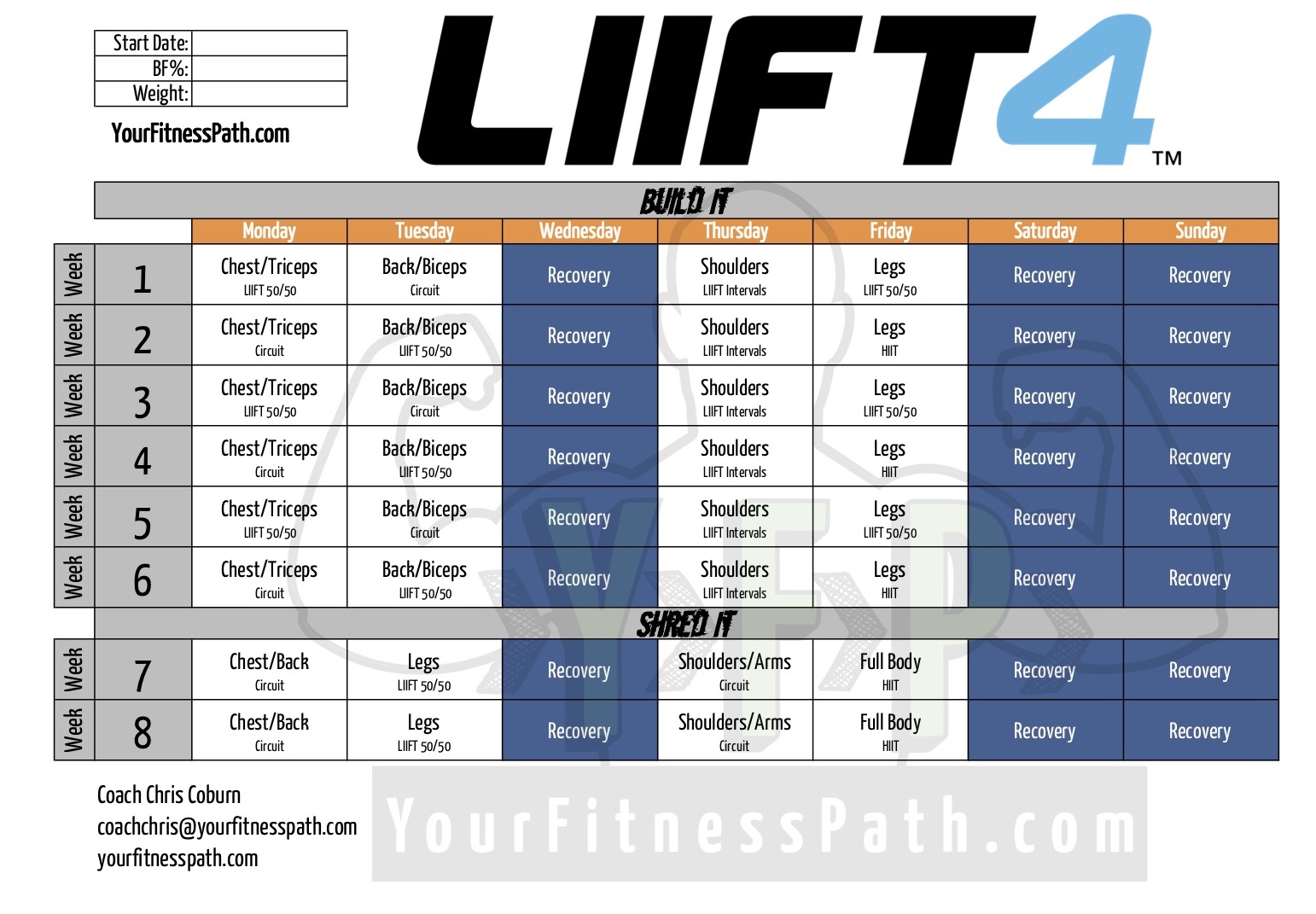 LIIFT4 Workout Calendar.